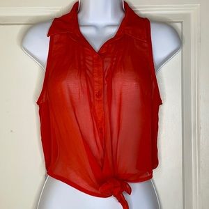 Red button up tie up blouse